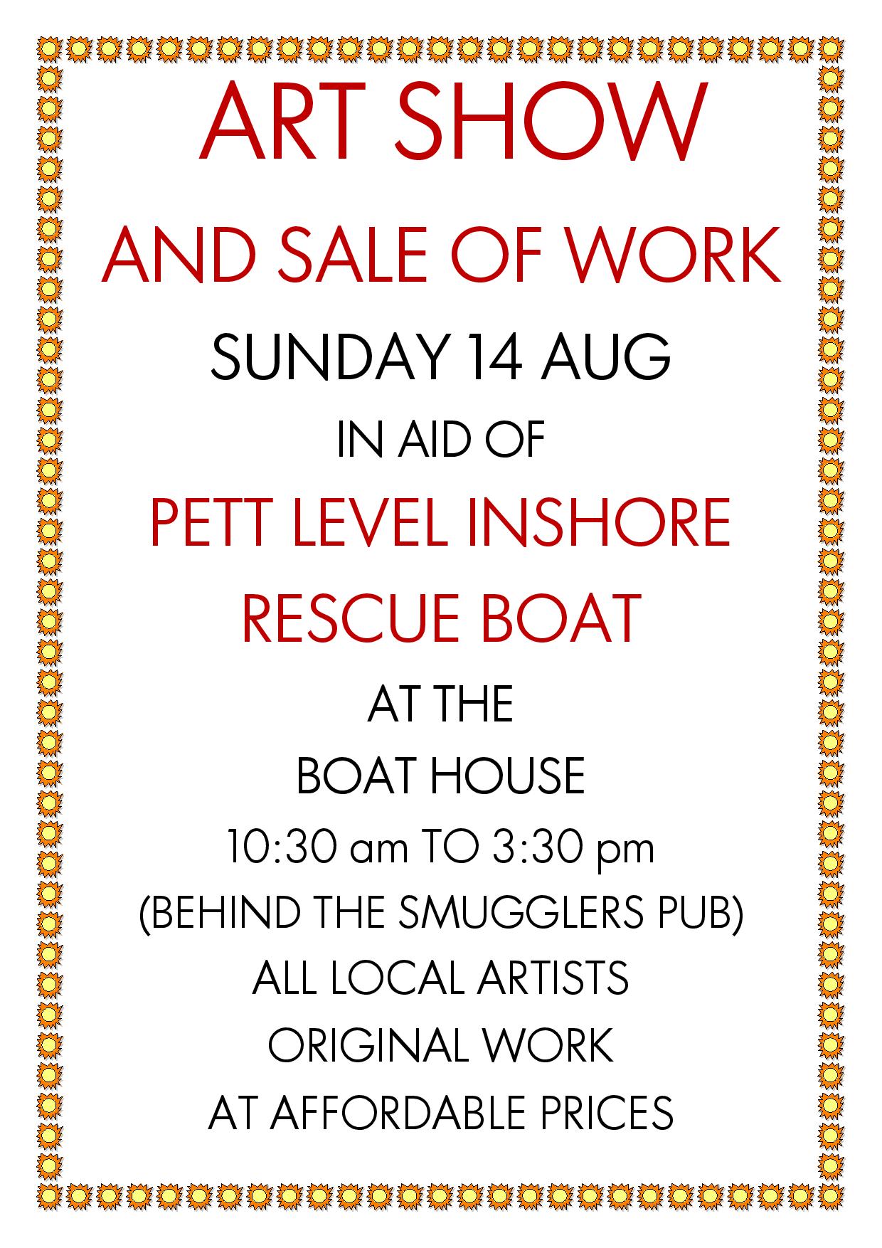 14th August 2022 10.30 to 3.30 at PETT LEVEL INDEPENDENT LIFE BOAT ART SHOW AND SALE
