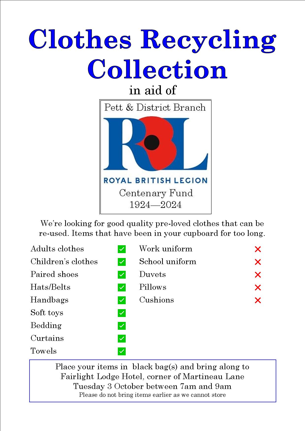 Royal British Legion Clothes Collection Tuesday 3rd October from 7am to 9am Fairlight Hotelcorner of Martineau Lane and Fairlight Road