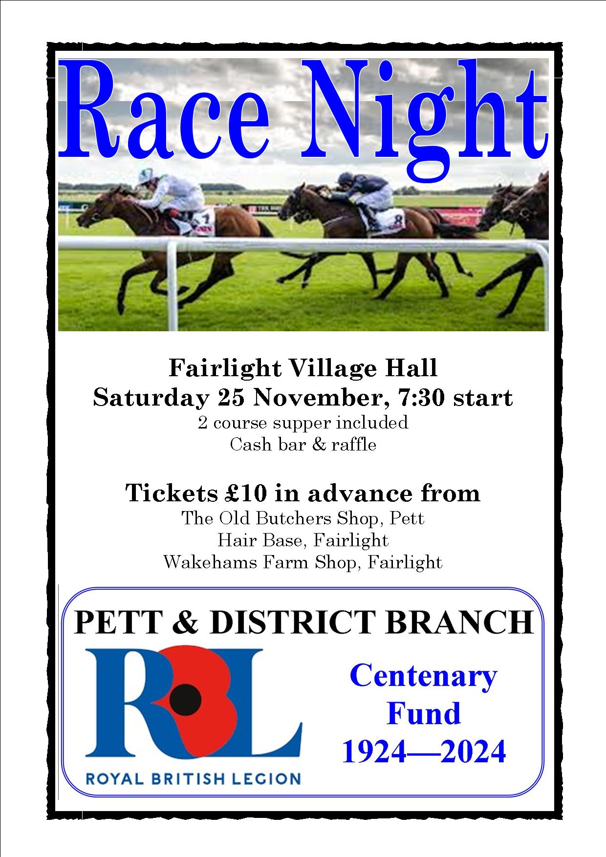 Race Night including 2 course supper Saturday 25th November Fairlight Village Hall tickets £10 in advance only
