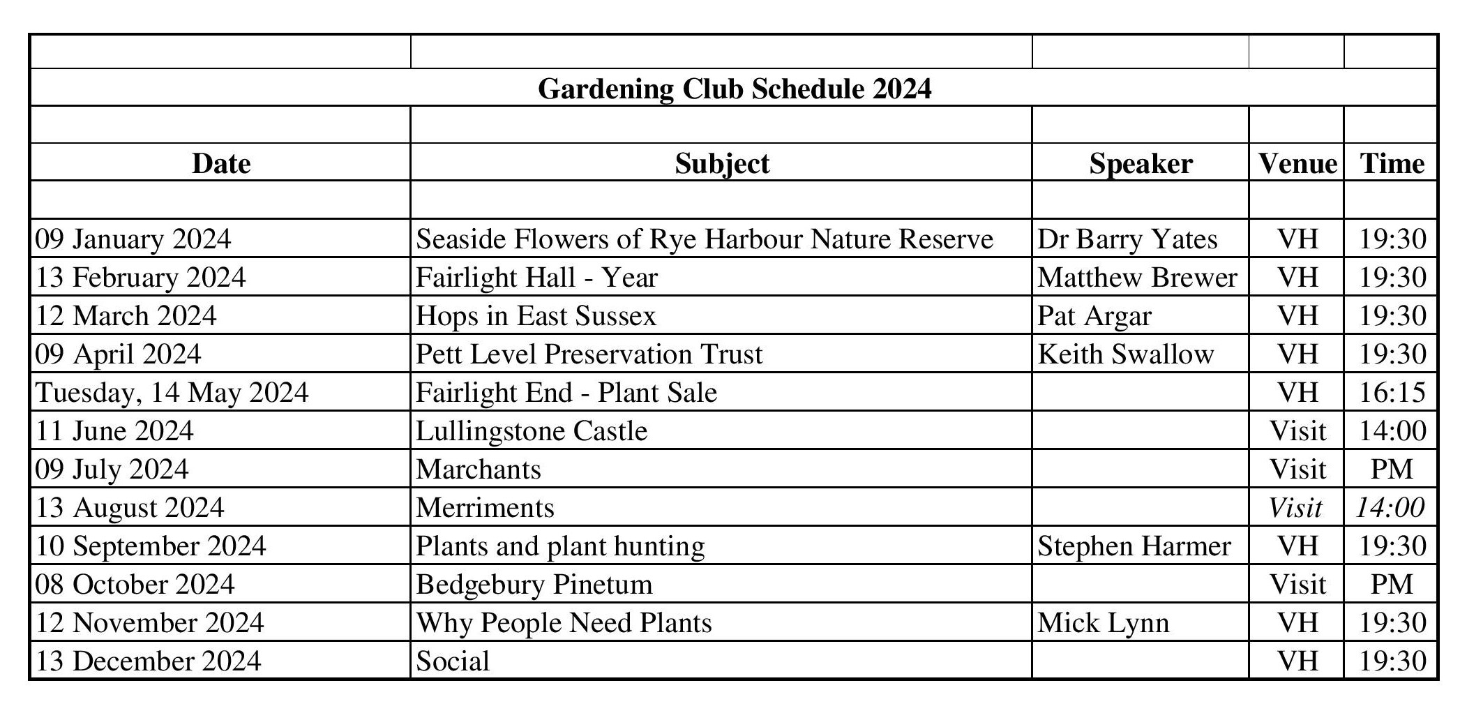 Gardening Club Schedule 2024 